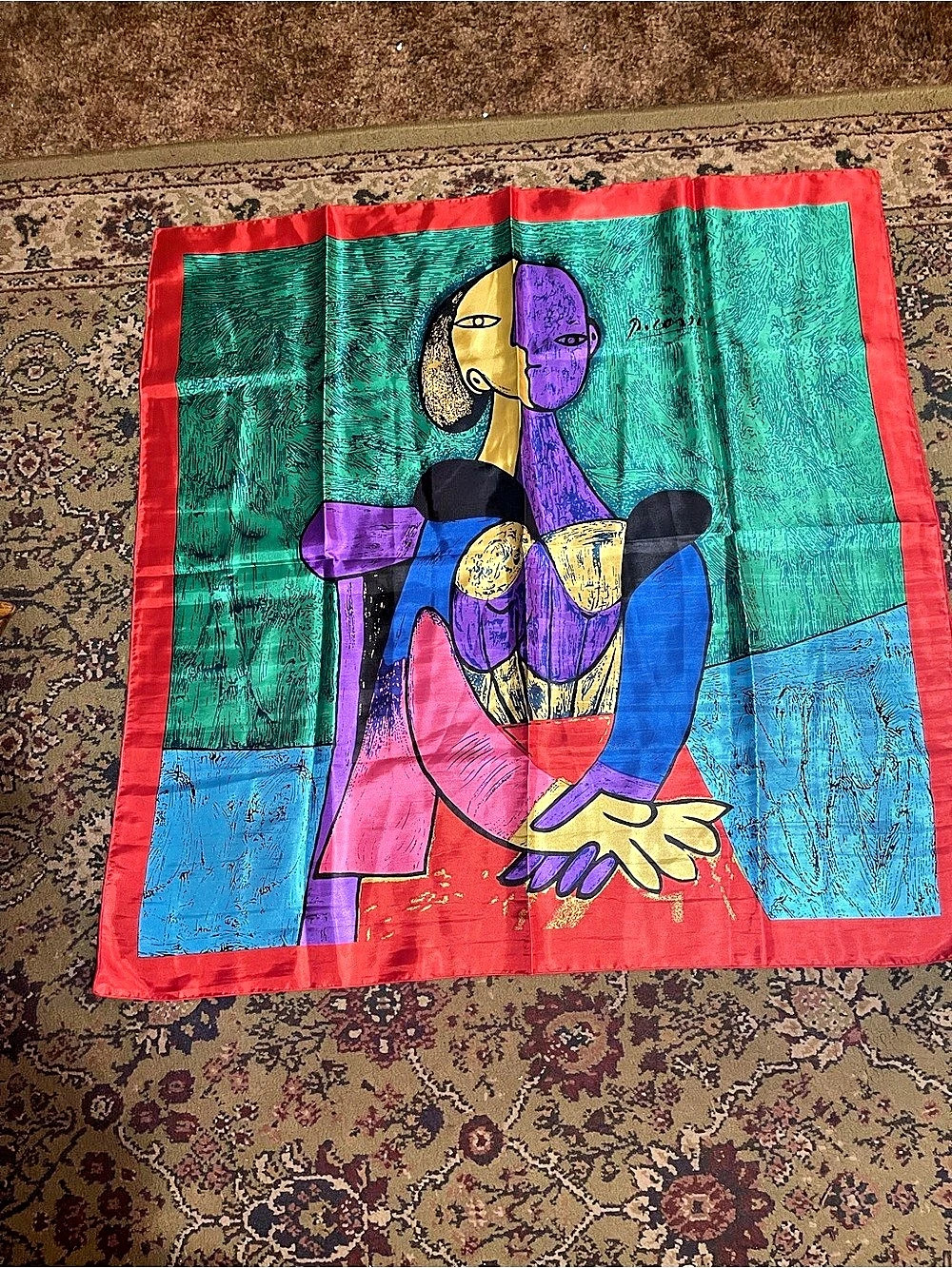 Vintage Pablo Picasso Style Cubist Portrait Art Silk